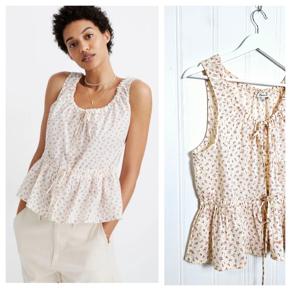 Madewell Bright Buds Floral Shirred Tank XL Drawstring Boho Cottagecore